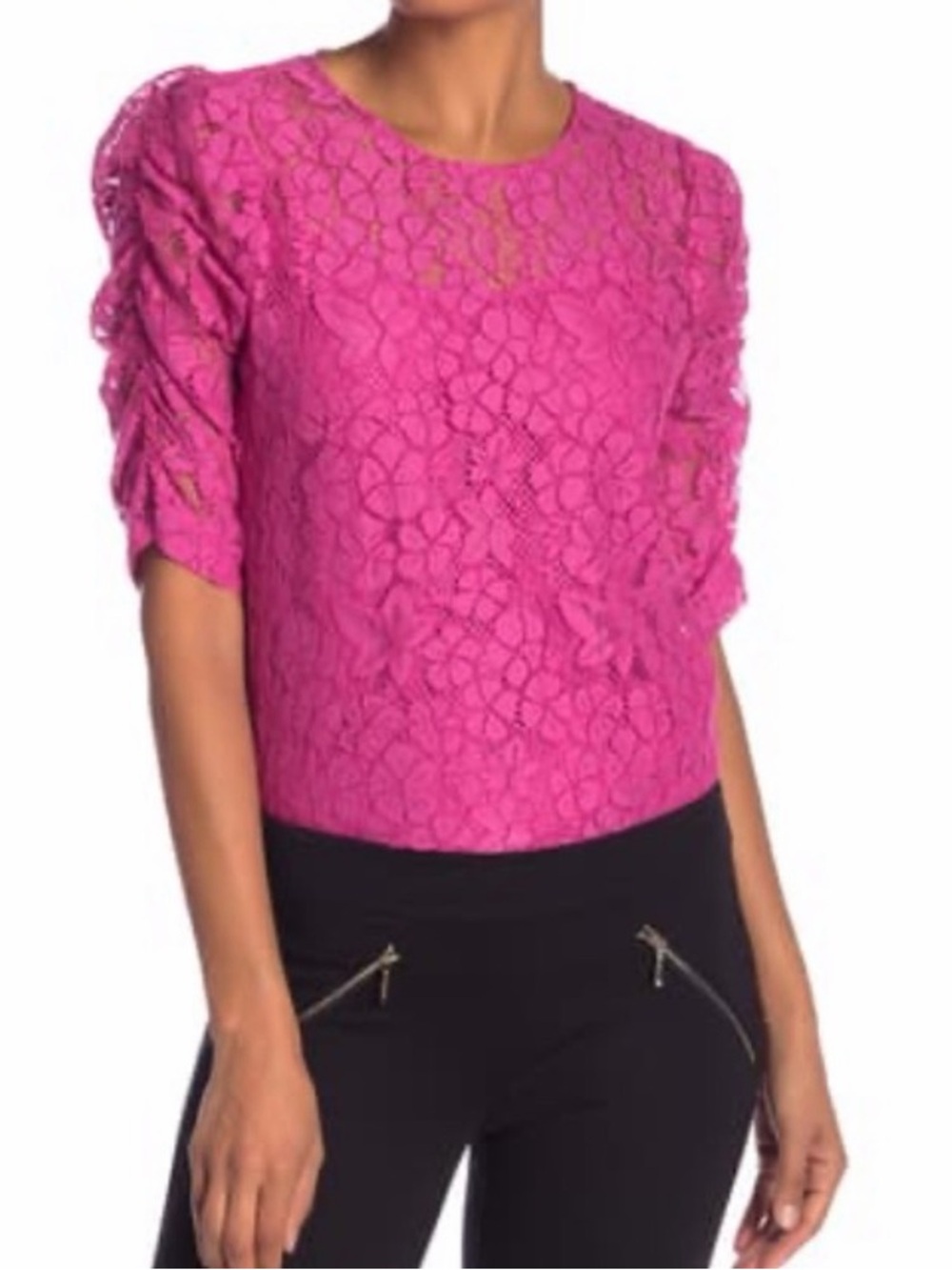 NWT Hot Pink Flower Lace Ruched Puff Sleeve Blouse